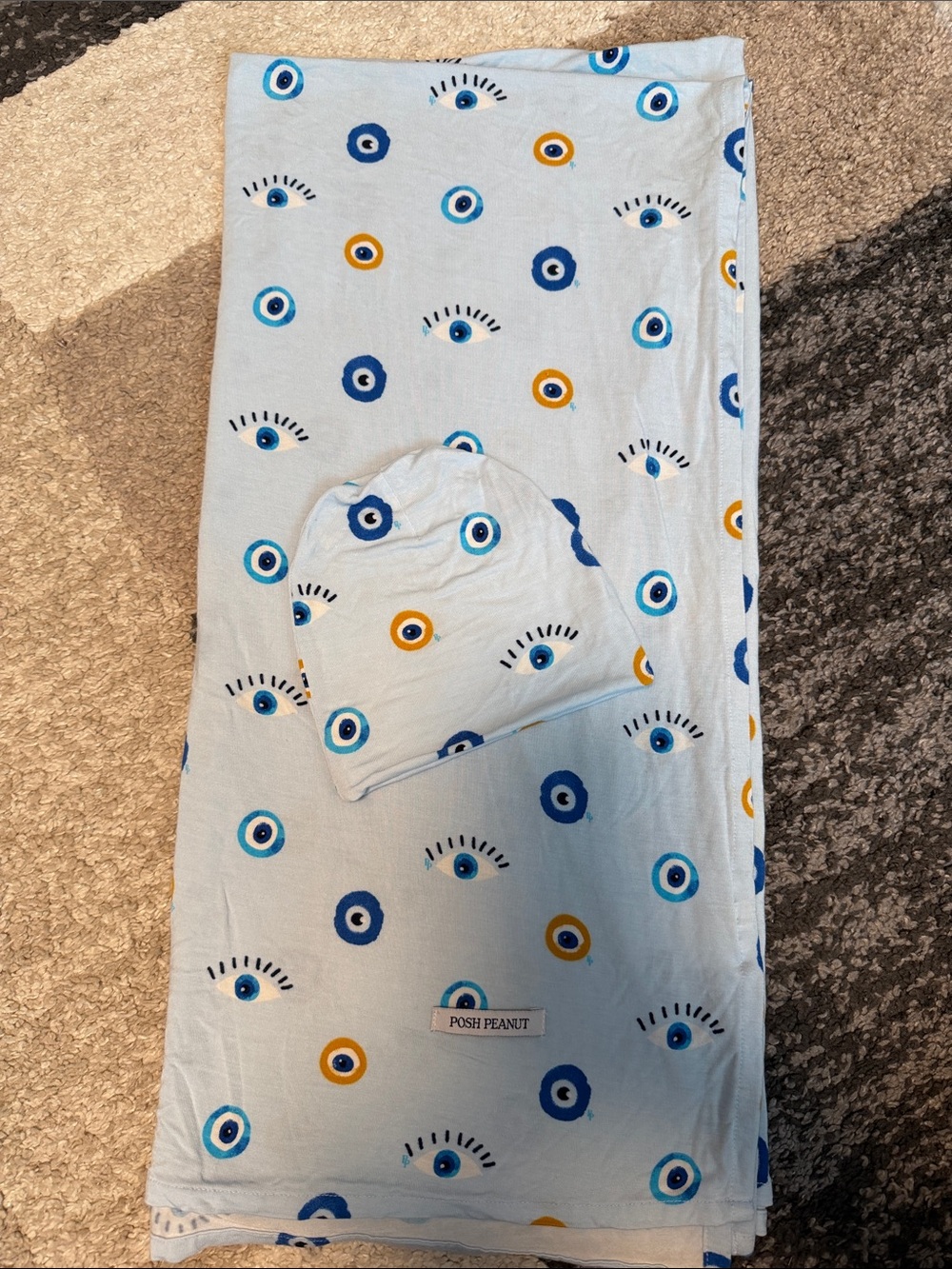 Posh Peanut bamboo swaddle and beanie set, blue evil eye EUC!
